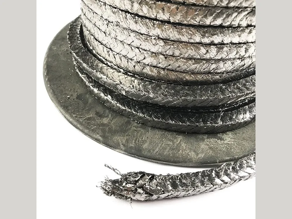 Dây tết chèn bị rò khi lớp graphite bong: cuộn dây xám bạc có đầu dây xổ sợi